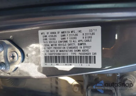 2011 Honda Accord 2.4 Lx-P из США, поврежденный, VIN 1HGCP2F4XBA105013